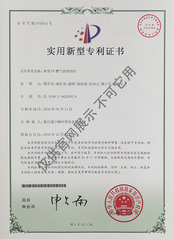 專利證書——新型PE燃?xì)夤懿慕M件
